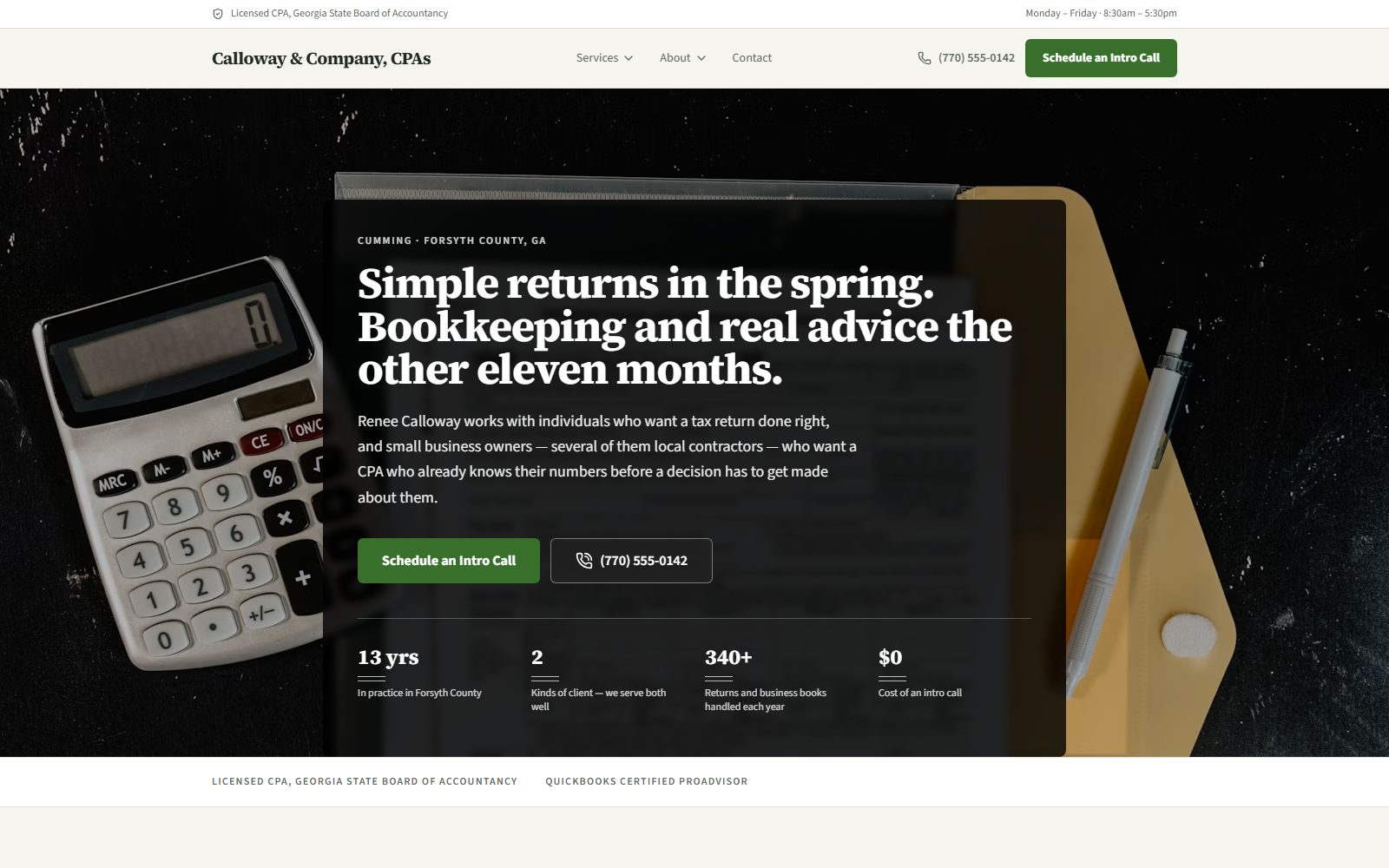 Home page of the Calloway & Company, CPAs demo site: a calculator and desk photo, a tax-season headline, and a Schedule an Intro Call button.