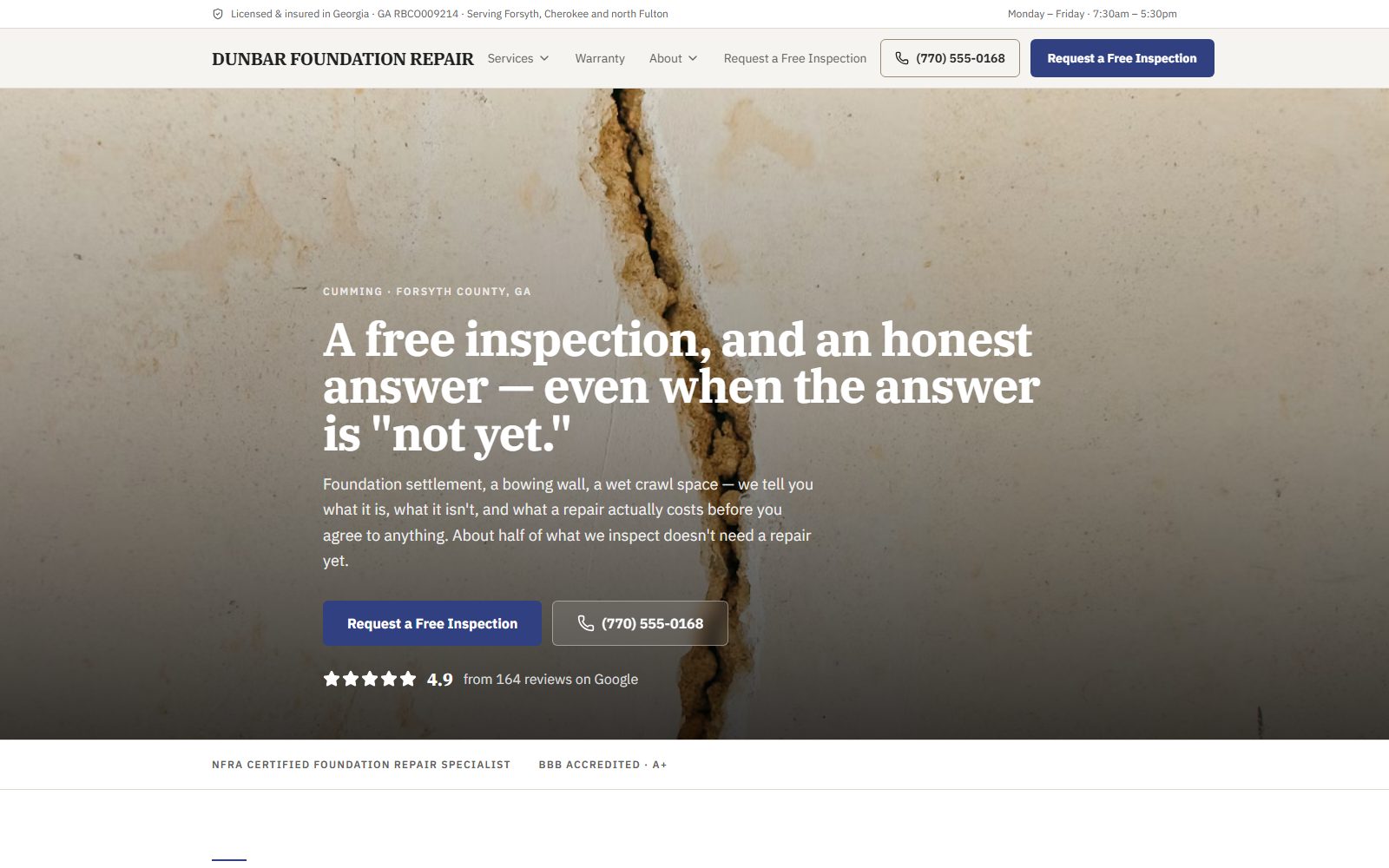 Home page of the Dunbar Foundation Repair demo site: a cracked concrete foundation wall, a free-inspection offer, and a 4.9-star Google rating.