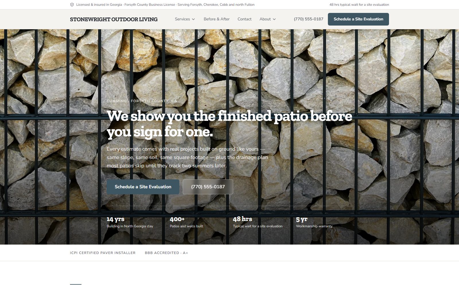 Home page of the Stonewright Outdoor Living demo site: a stacked-fieldstone photo, a "we show you the finished patio before you sign" headline, and a Schedule a Site Evaluation button.