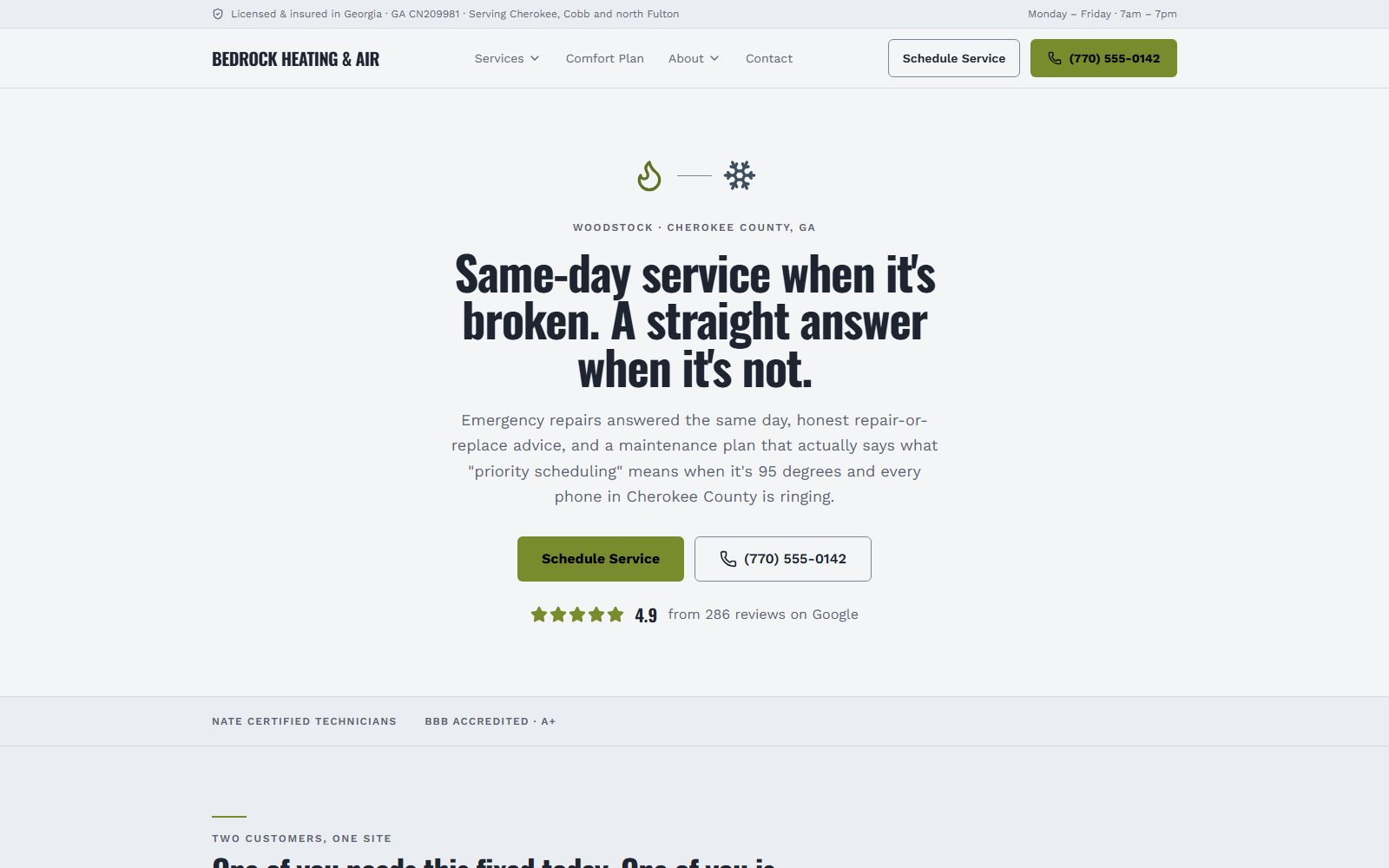 Home page of the Bedrock Heating & Air demo site: a same-day-service headline, Schedule Service and phone-number buttons, and a 4.9-star Google rating.
