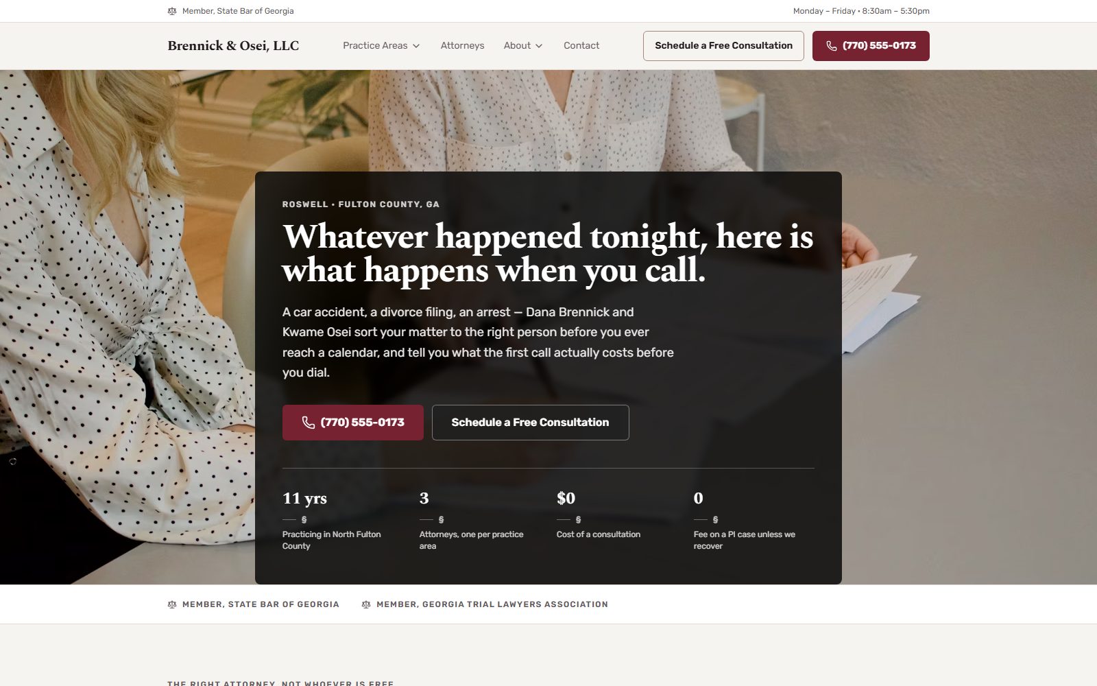 Home page of the Brennick & Osei, LLC demo site: a "here is what happens when you call" headline, phone and Schedule a Free Consultation buttons, and a four-stat trust bar.