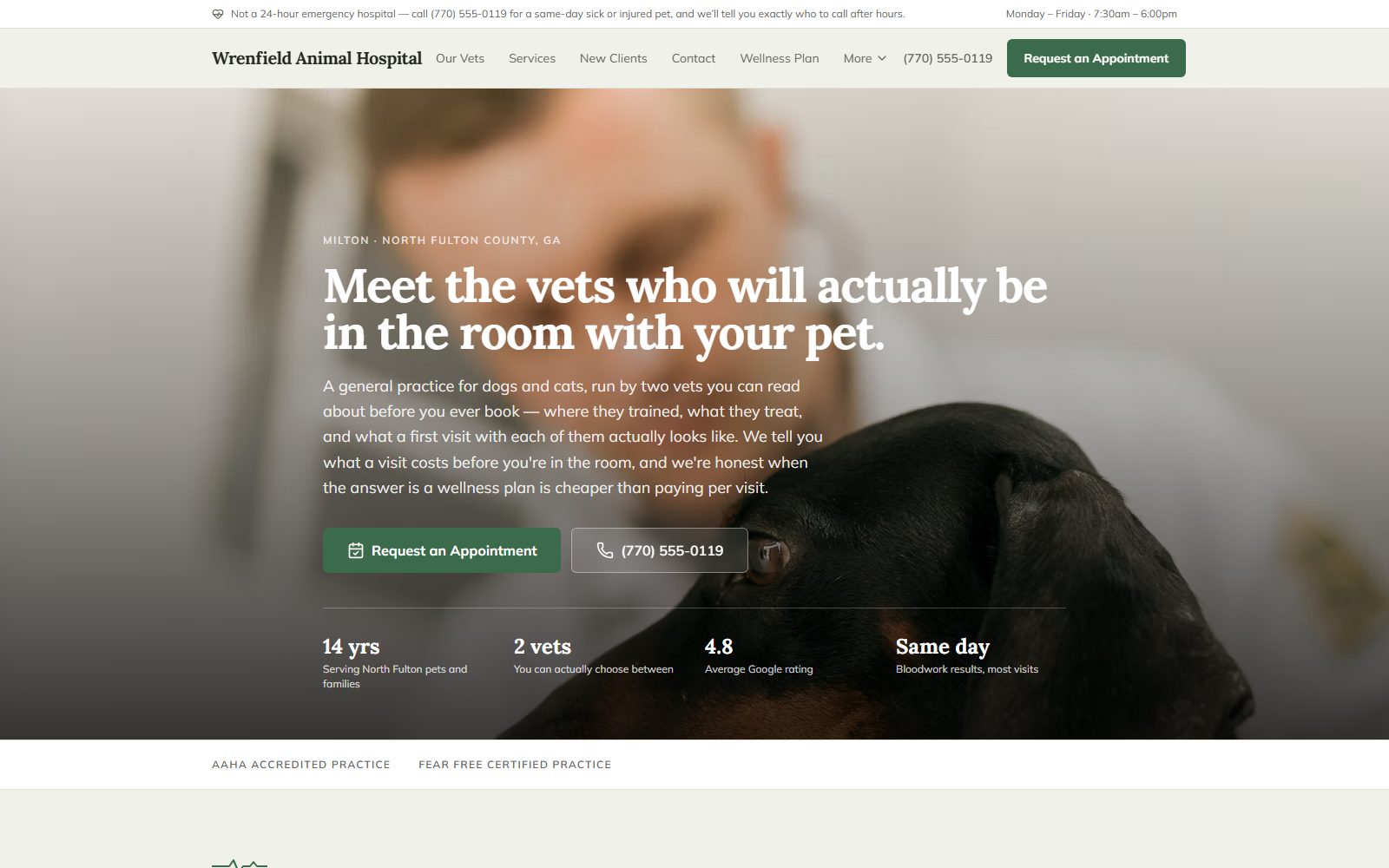 Home page of the Wrenfield Animal Hospital demo site: a dog and veterinarian, a "meet the vets who will actually be in the room" headline, and a Request an Appointment button.