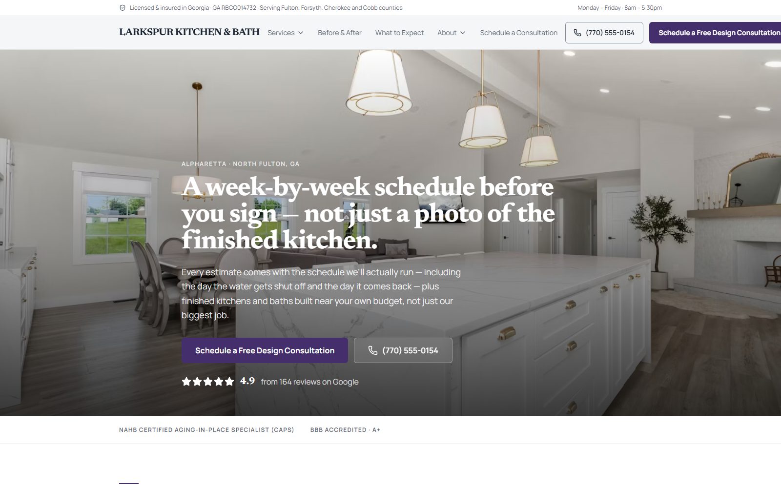 Home page of the Larkspur Kitchen & Bath demo site: a finished white kitchen photo, a week-by-week schedule promise, and a Schedule a Free Design Consultation button.