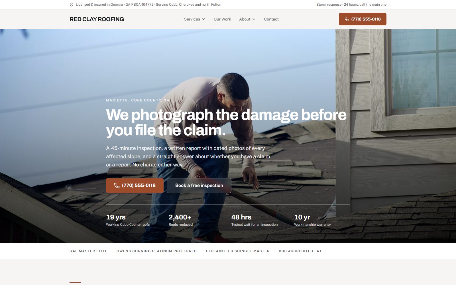 Home page of the Red Clay Roofing demo site: a documented-inspection offer, phone number as the main action, and a roofer stripping shingles.