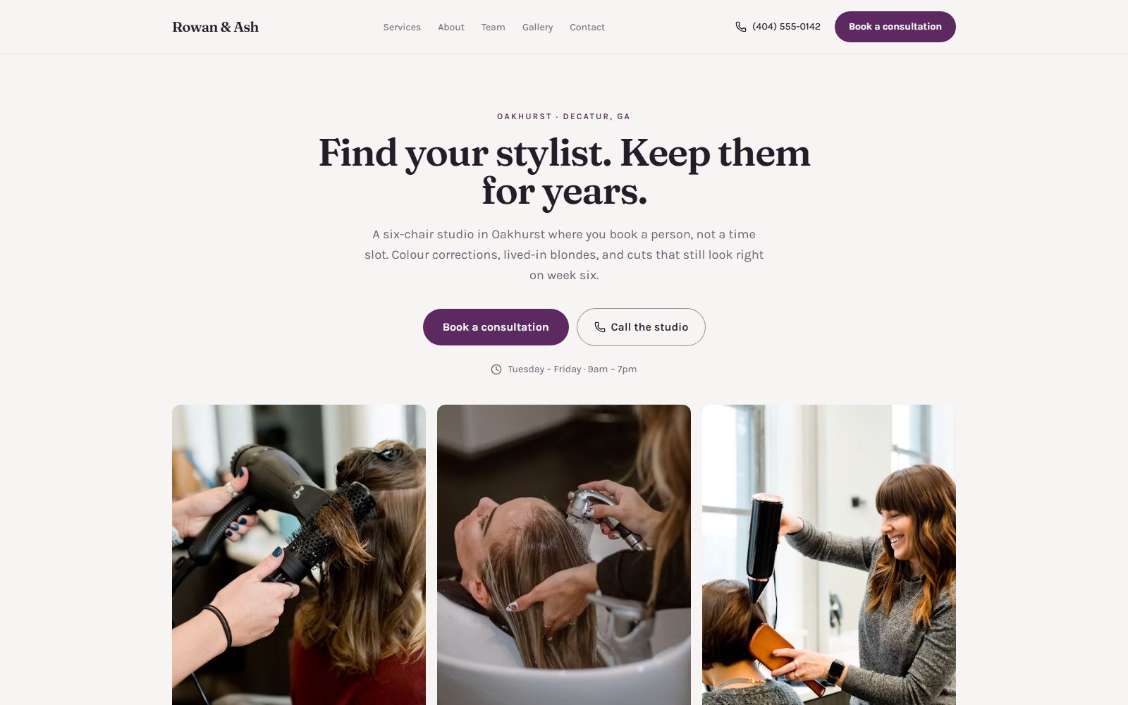 Home page of the Rowan & Ash demo site: a "find your stylist" headline, Book a Consultation and Call the Studio buttons, and three photos of stylists at work.