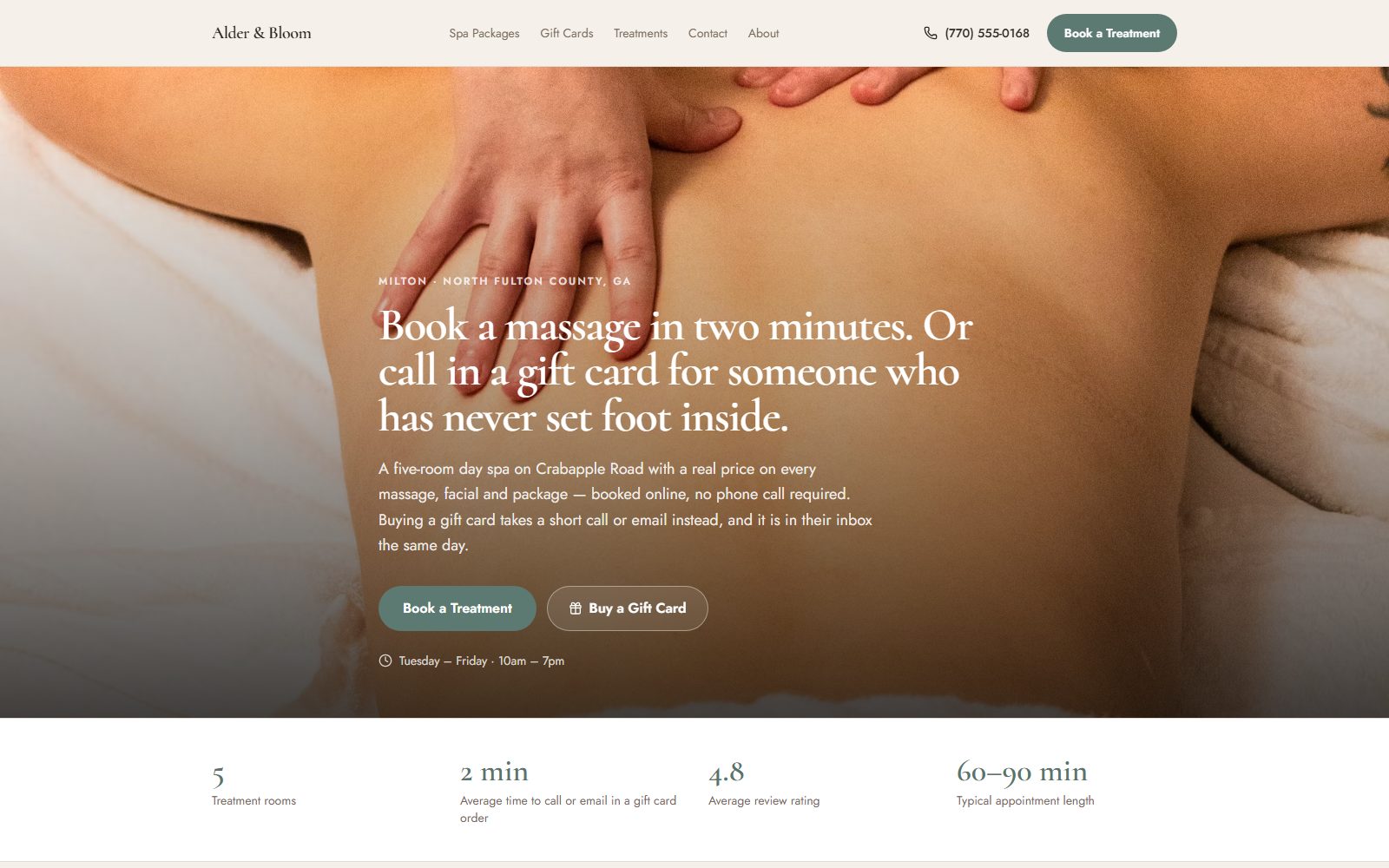 Home page of the Alder & Bloom demo site: a massage-treatment photo, a "book a massage in two minutes" headline, and Book a Treatment and Buy a Gift Card buttons.