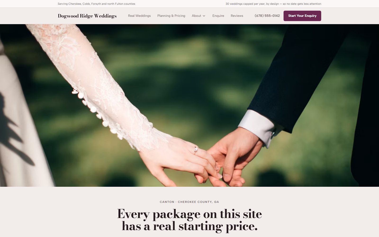Home page of the Dogwood Ridge Weddings demo site: a couple holding hands at their ceremony, a "every package has a real starting price" headline, and a Start Your Inquiry button.